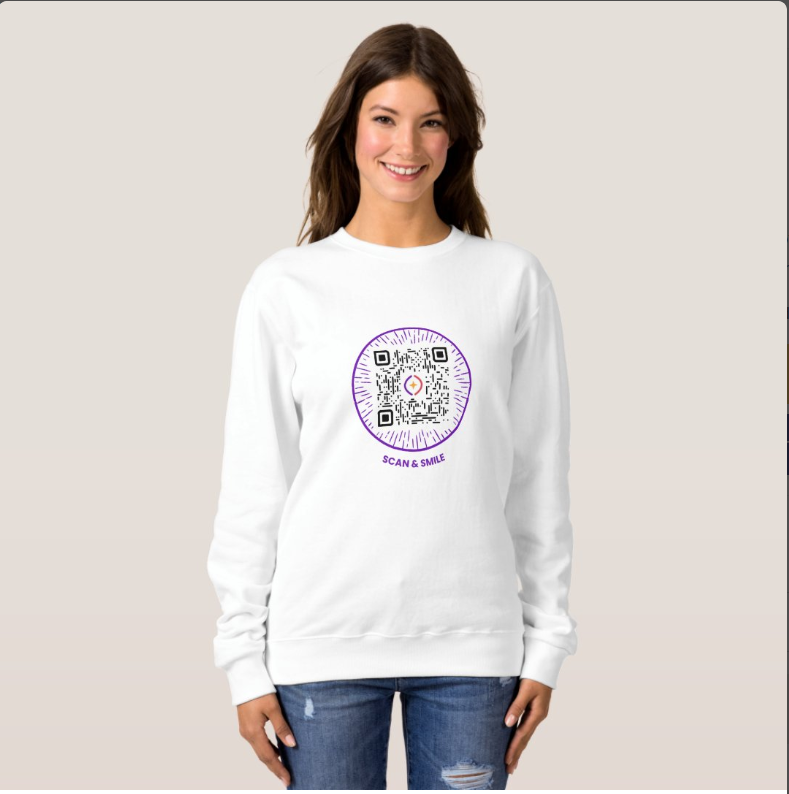Spark Lab motivational sweatshirt with scannable quote QR code