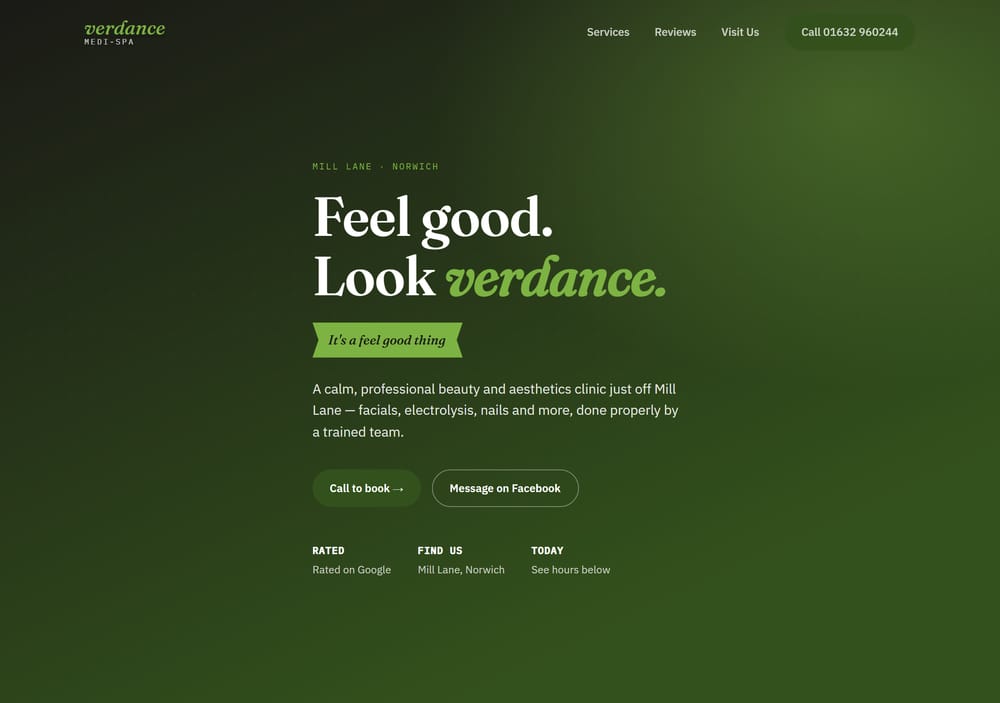 Concept homepage for a beauty and aesthetics clinic — deep green hero with a call-to-book button