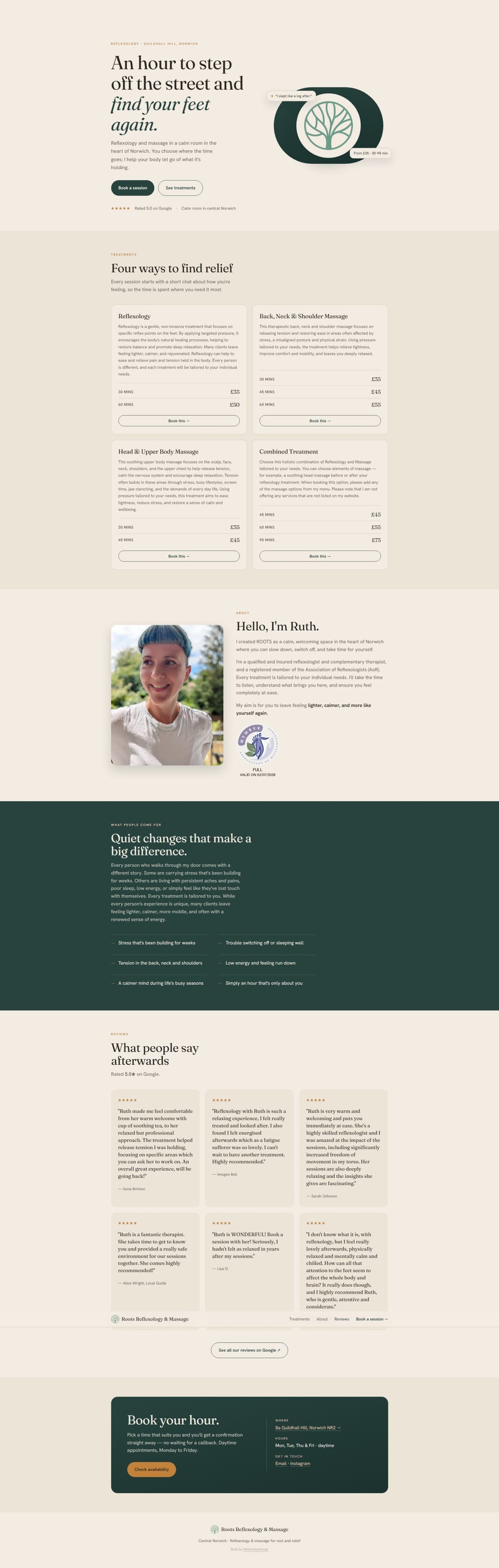 Homepage of Roots Reflexology & Massage, a one-page website built by Spark Lab Studio
